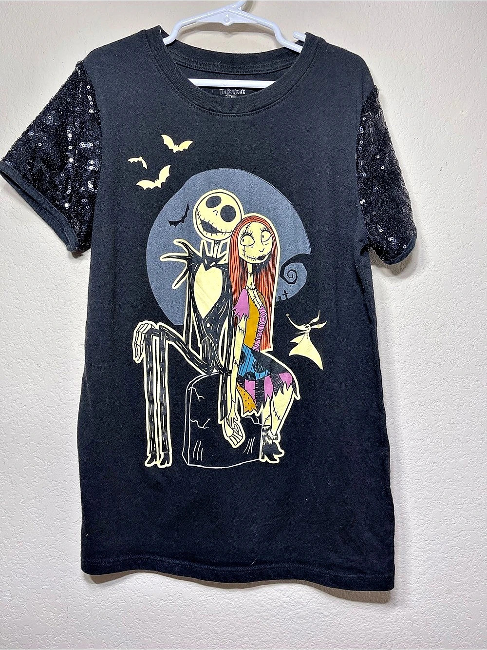 Disney Nightmare Before Christmas Jack & Sally Sequin Sleeve Tee Size L 10-12